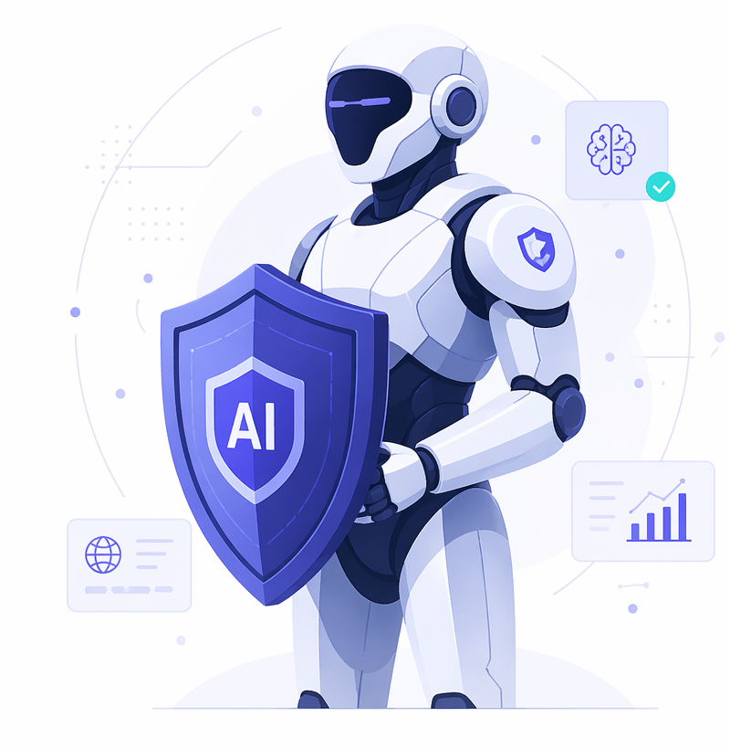 AI sentinel robot holding a protective shield